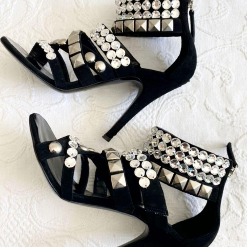 [SOLD] Giuseppe Zanotti x Balmain Black Suede Rhinestone Evening Sandals Heels - Picture 6 of 10